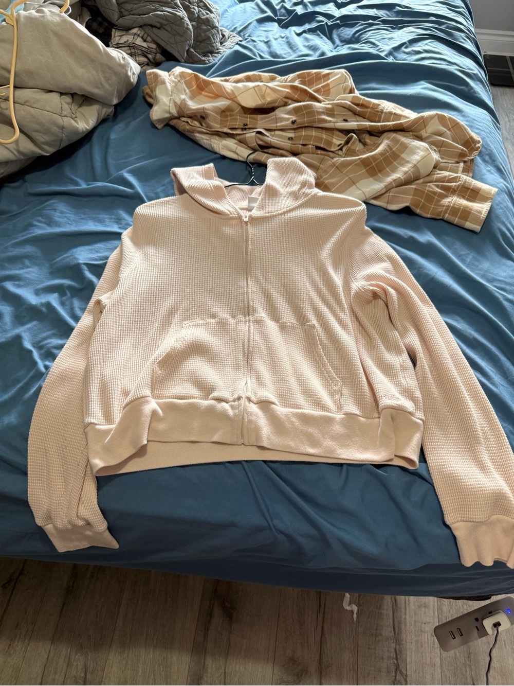 TNA light pink waffle zip-up sweater hoodie